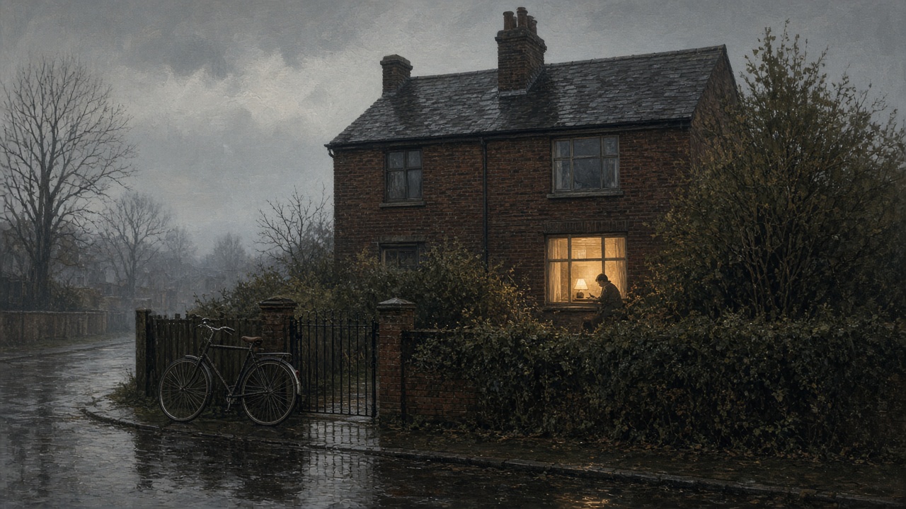 Une modeste maison de banlieue d'Oxford sous la pluie, un vélo contre la grille