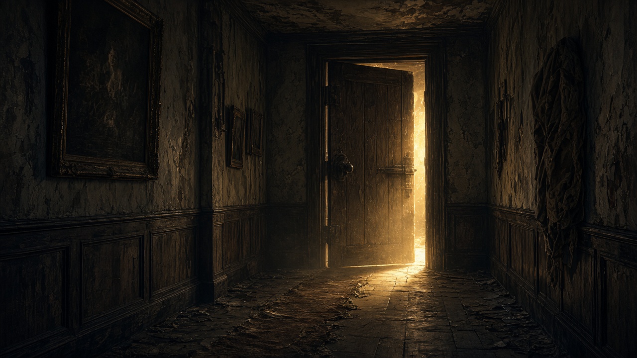 Une porte entrouverte d'où filtre la lumière, au bout d'un couloir sombre