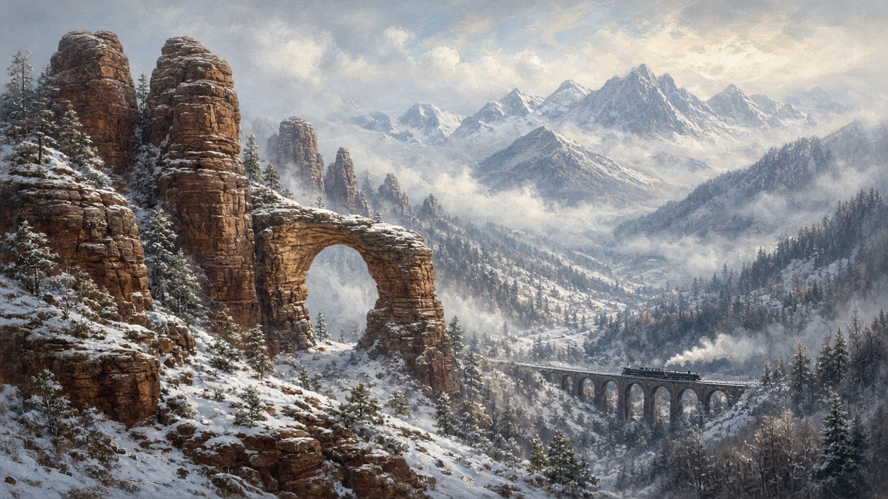 Vallée alpine poudrée de neige, tours de grès, arche naturelle et petit train à vapeur sur un viaduc