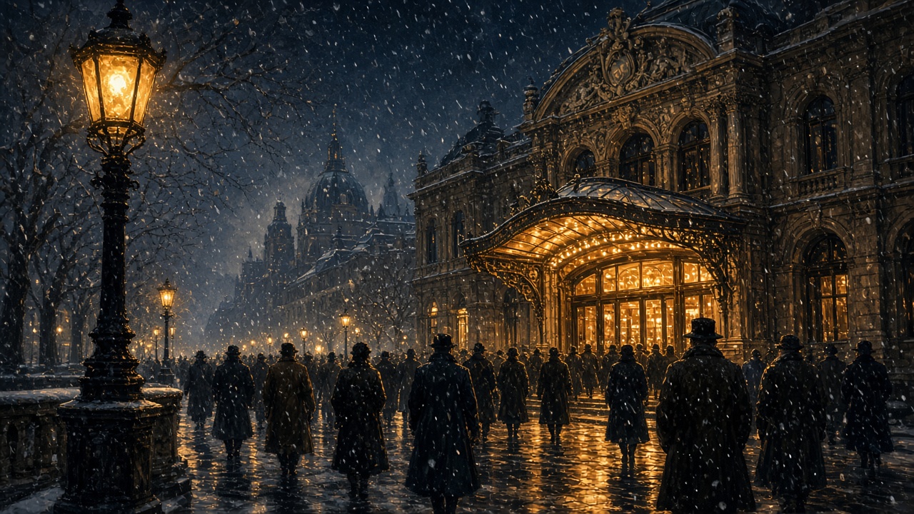 Rue nocturne d'une capitale, neige artificielle devant l'entrée d'un cinéma, réverbère et foule en silhouette