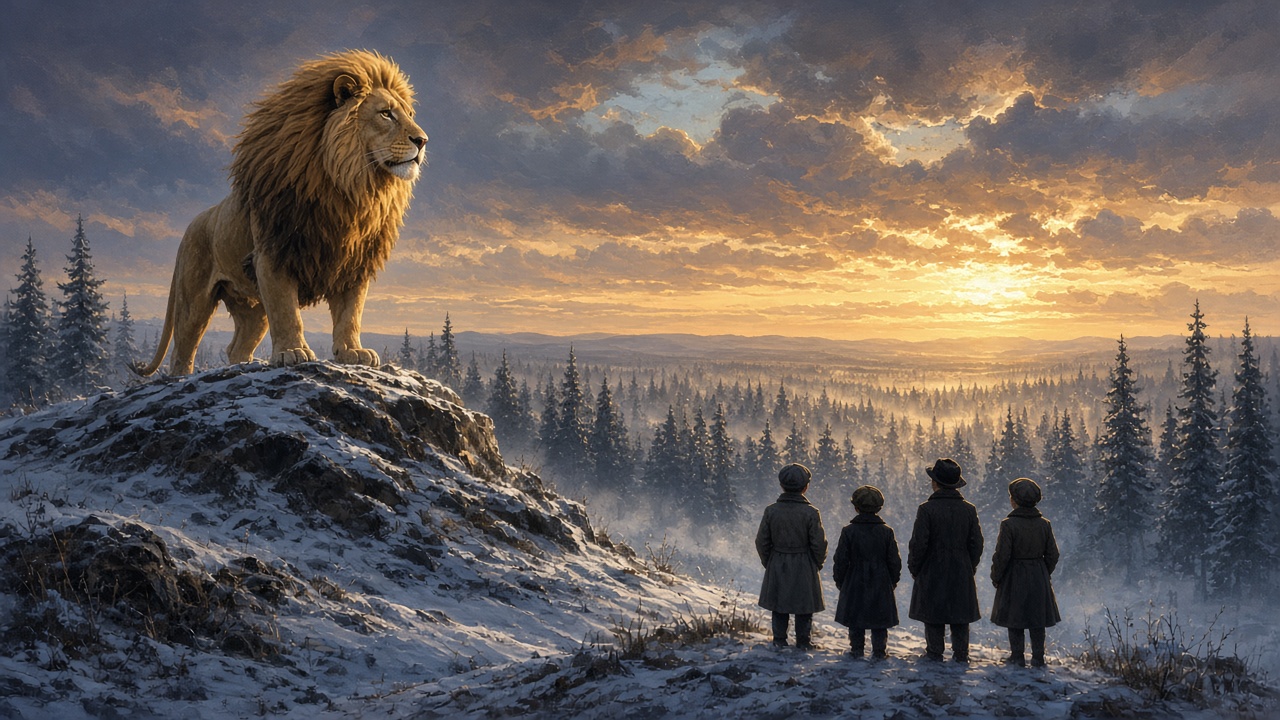 Un grand lion sur une colline enneigée à l'aube, quatre enfants en manteaux le regardent d'en bas