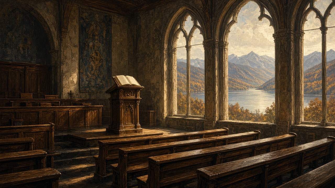 Amphithéâtre ancien aux bancs de bois, pupitre et livre ouvert, fenêtres sur un lac et des montagnes d'automne