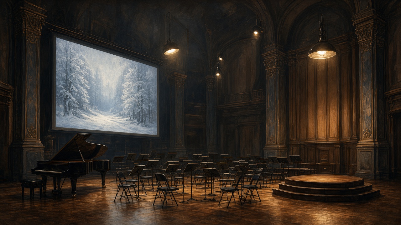 Studio d'enregistrement vide : pupitres, piano à queue, estrade du chef et écran montrant une forêt enneigée