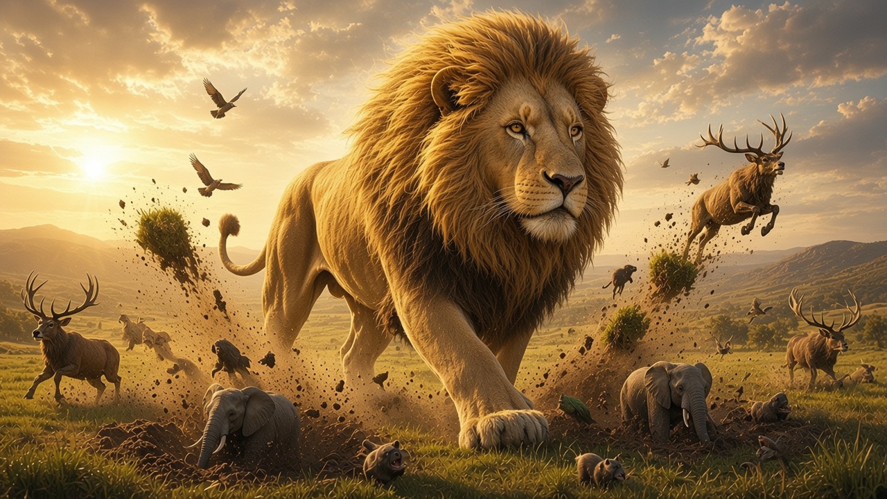 Des animaux sortent de bosses de terre autour d'Aslan