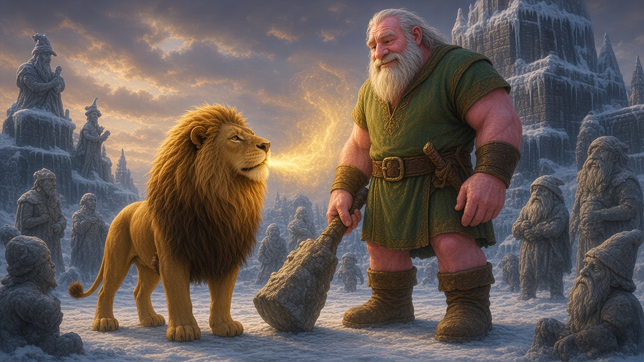 Aslan souffle sur des statues de pierre qui reprennent vie dans une cour enneigée
