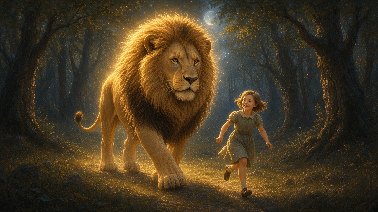 Lucy court vers Aslan entre des arbres qui semblent danser au clair de lune
