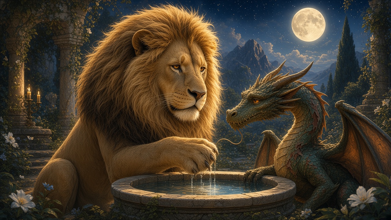 Aslan au bord d'un puits de marbre, face à un petit dragon, sous la lune