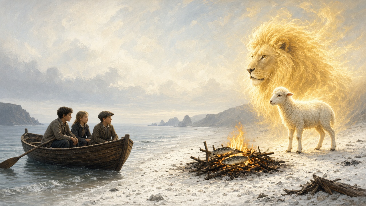 Sur une plage blanche au bout du monde, un agneau qui laisse deviner Aslan