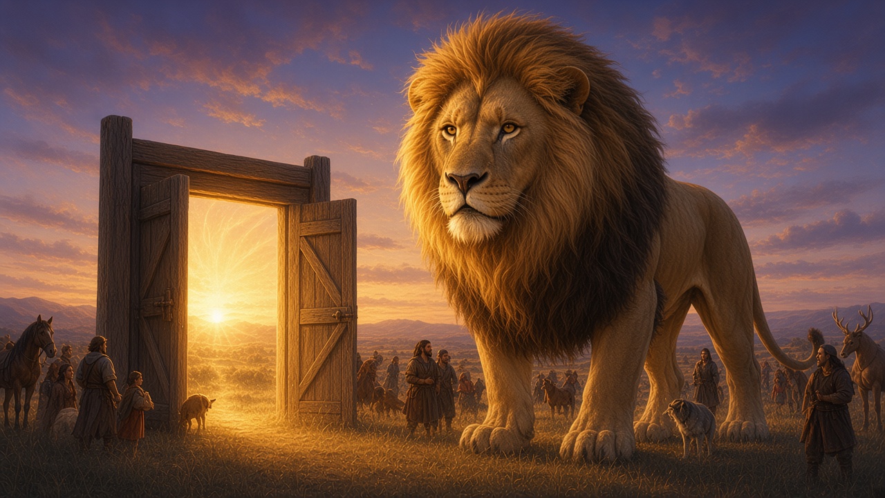 Aslan devant une porte ouverte sur un monde nouveau, plus lumineux