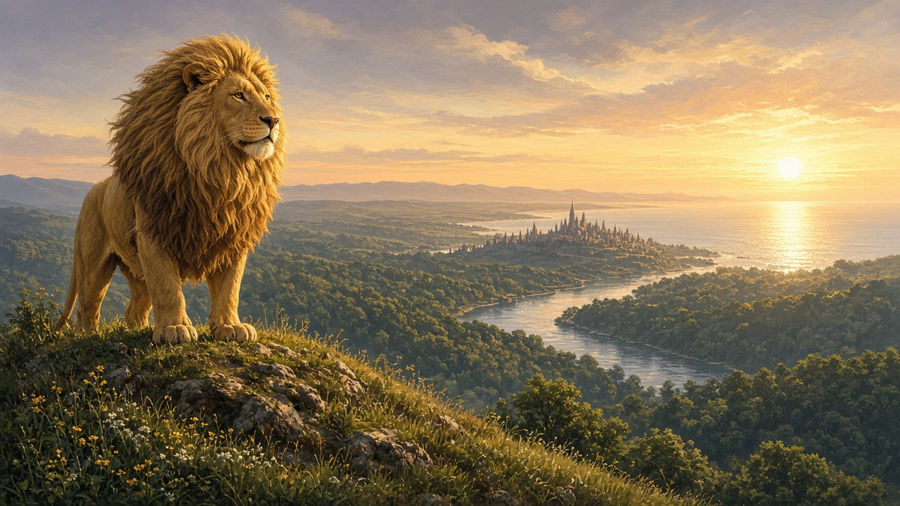 Un immense lion doré sur une colline au lever du soleil, face à la mer