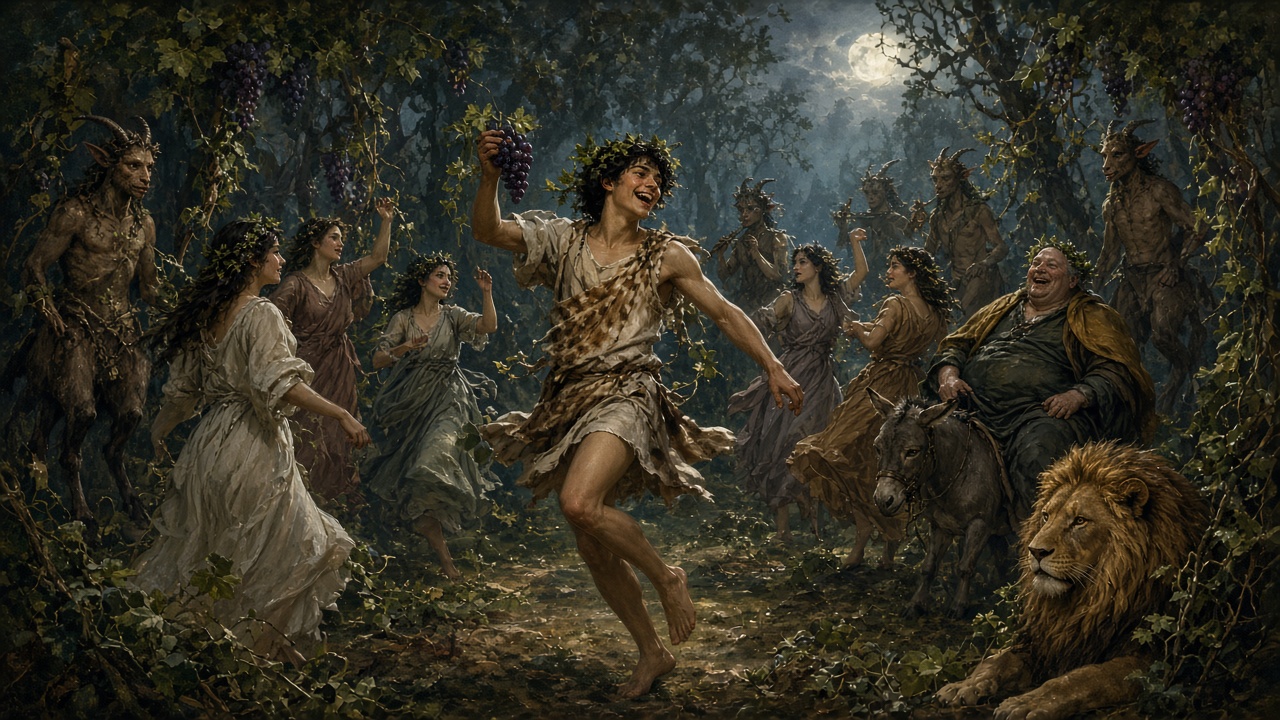 Bacchus danse au milieu des vignes qui jaillissent