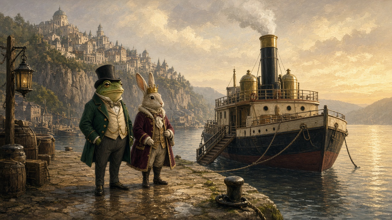 Une grenouille en redingote et un lapin couronné sur un quai de port miniature