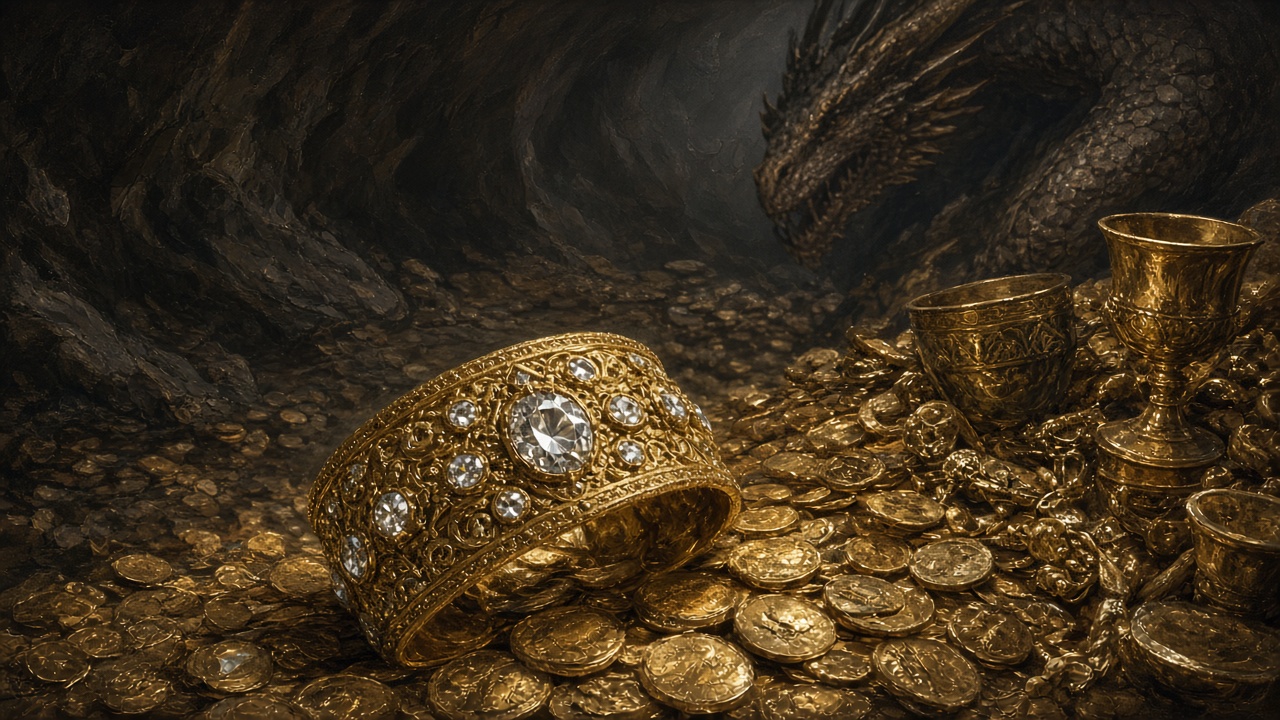 Un large bracelet d'or sur un tas de trésor