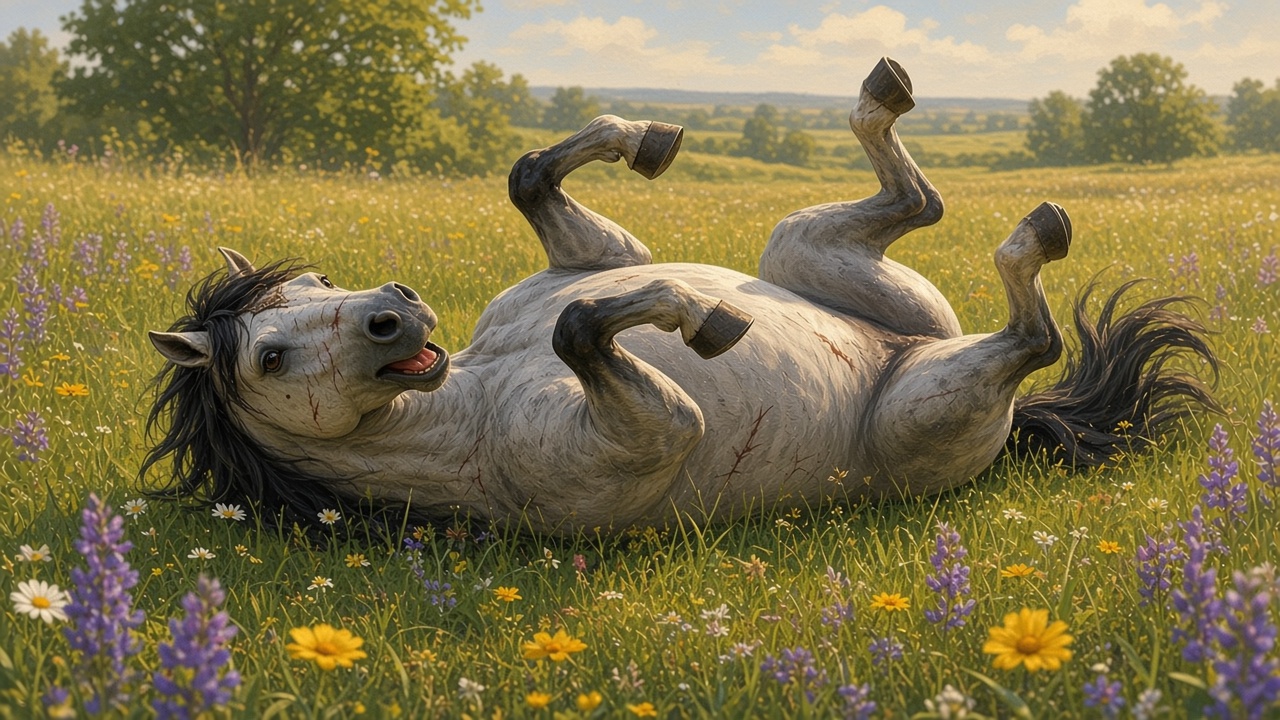 Bree se roule dans l'herbe d'un pré de Narnia