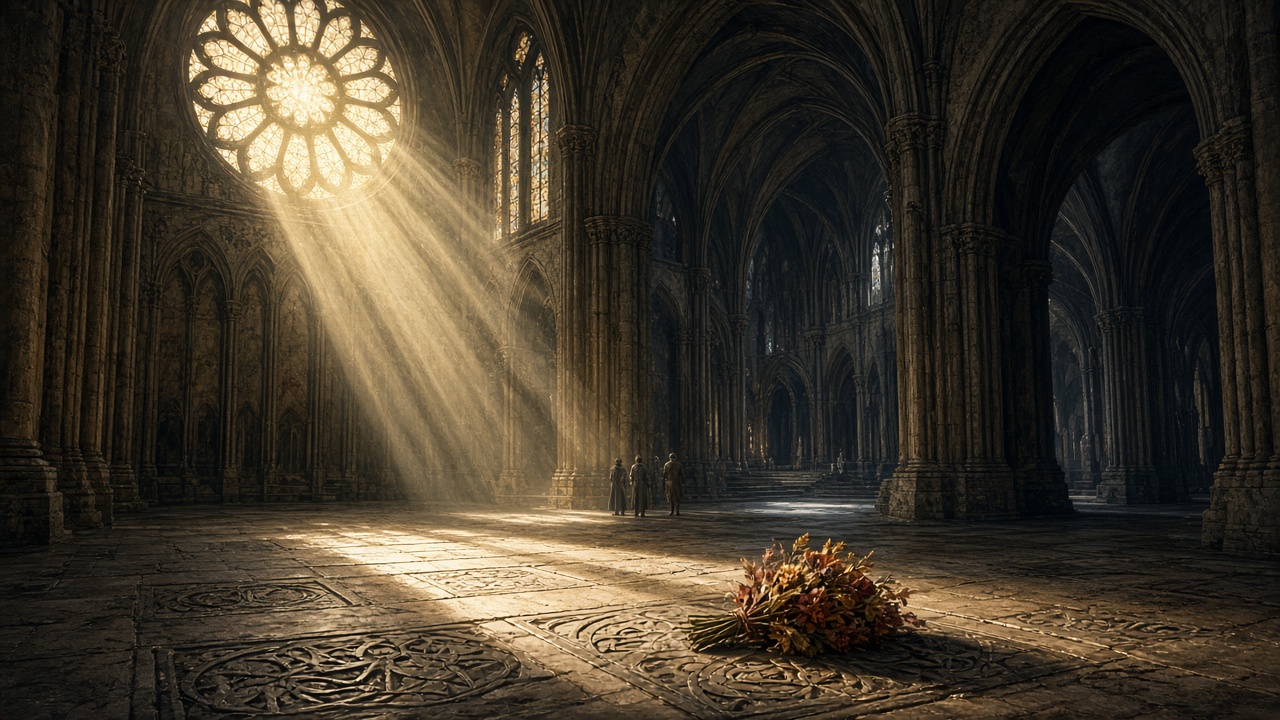 L'intérieur gothique d'une abbaye, des pierres commémoratives au sol dans un rai de lumière
