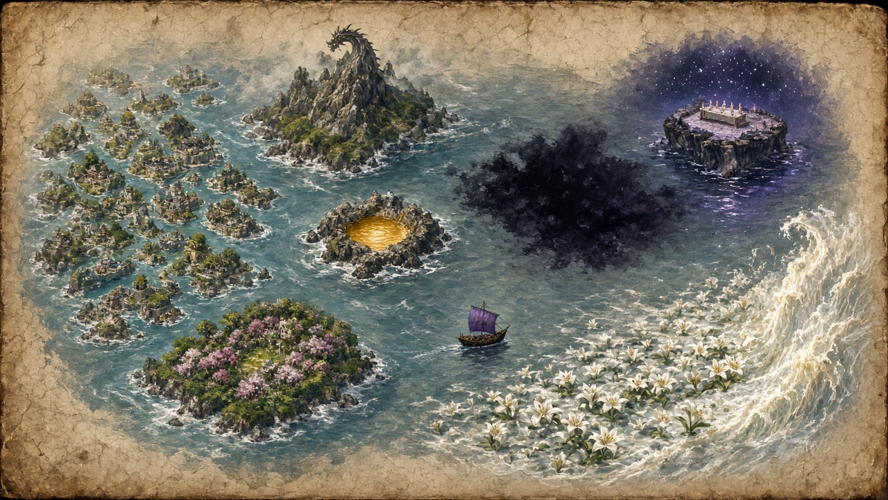 Carte marine peinte sans inscriptions : îles variées vers l'est, petit navire à voile violette, mer de lis