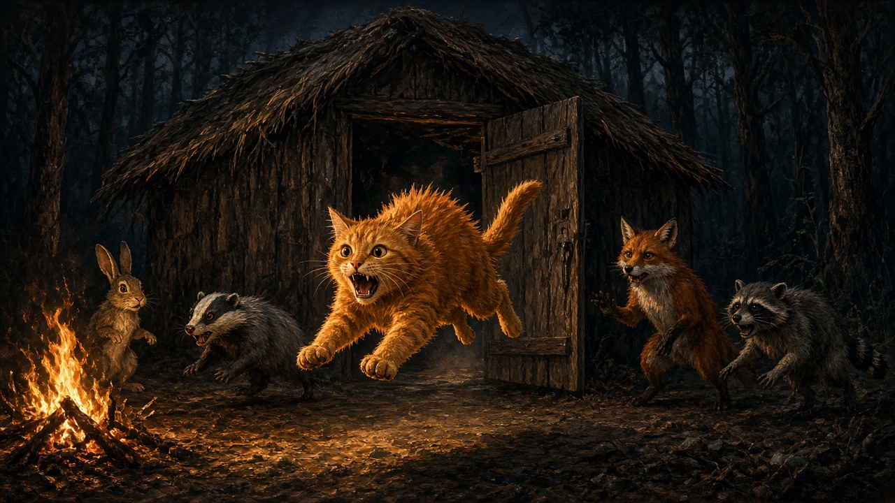 Le chat ressort de l'Étable en hurlant de terreur