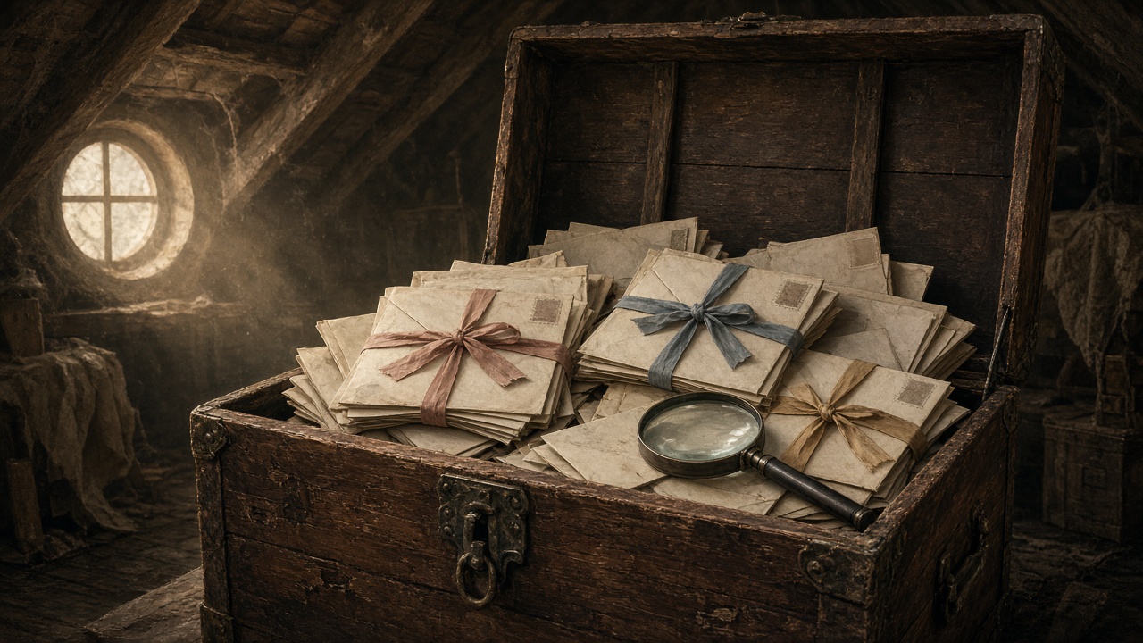 Des liasses de lettres anciennes nouées de ruban dans une malle