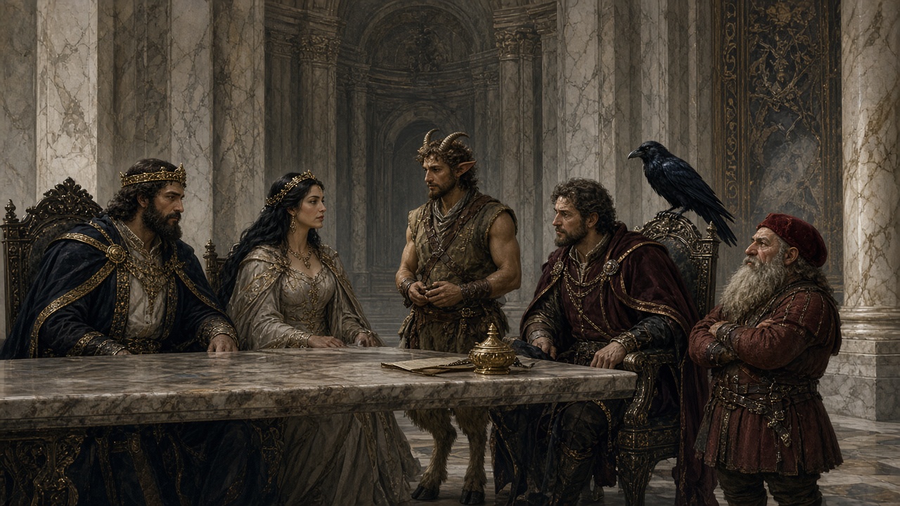 Edmund, Susan et leurs conseillers délibèrent