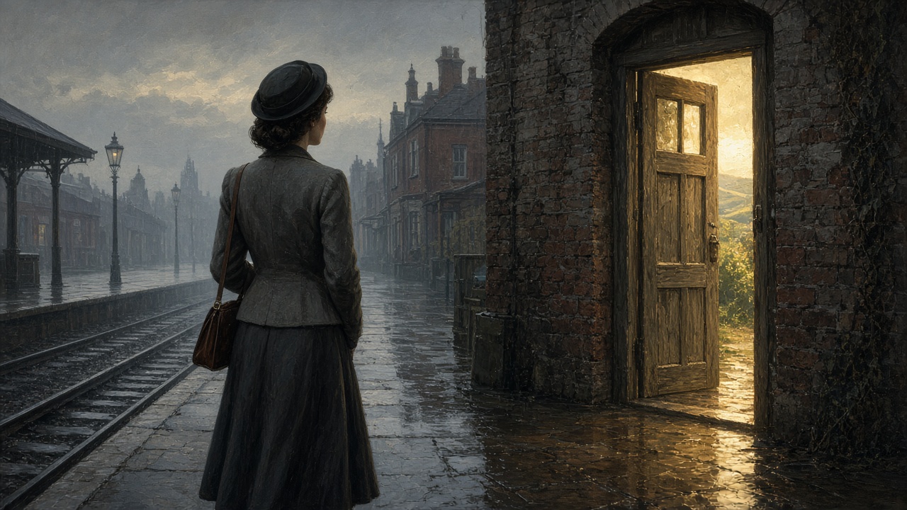 Une jeune femme sur le seuil, entre un monde gris et une lumière dorée