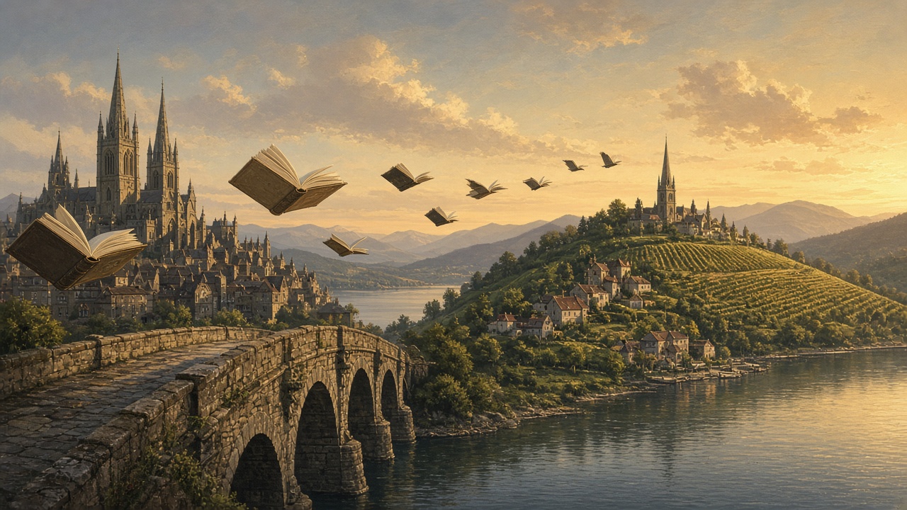 Des livres anglais traversant un pont vers une bibliothèque francophone