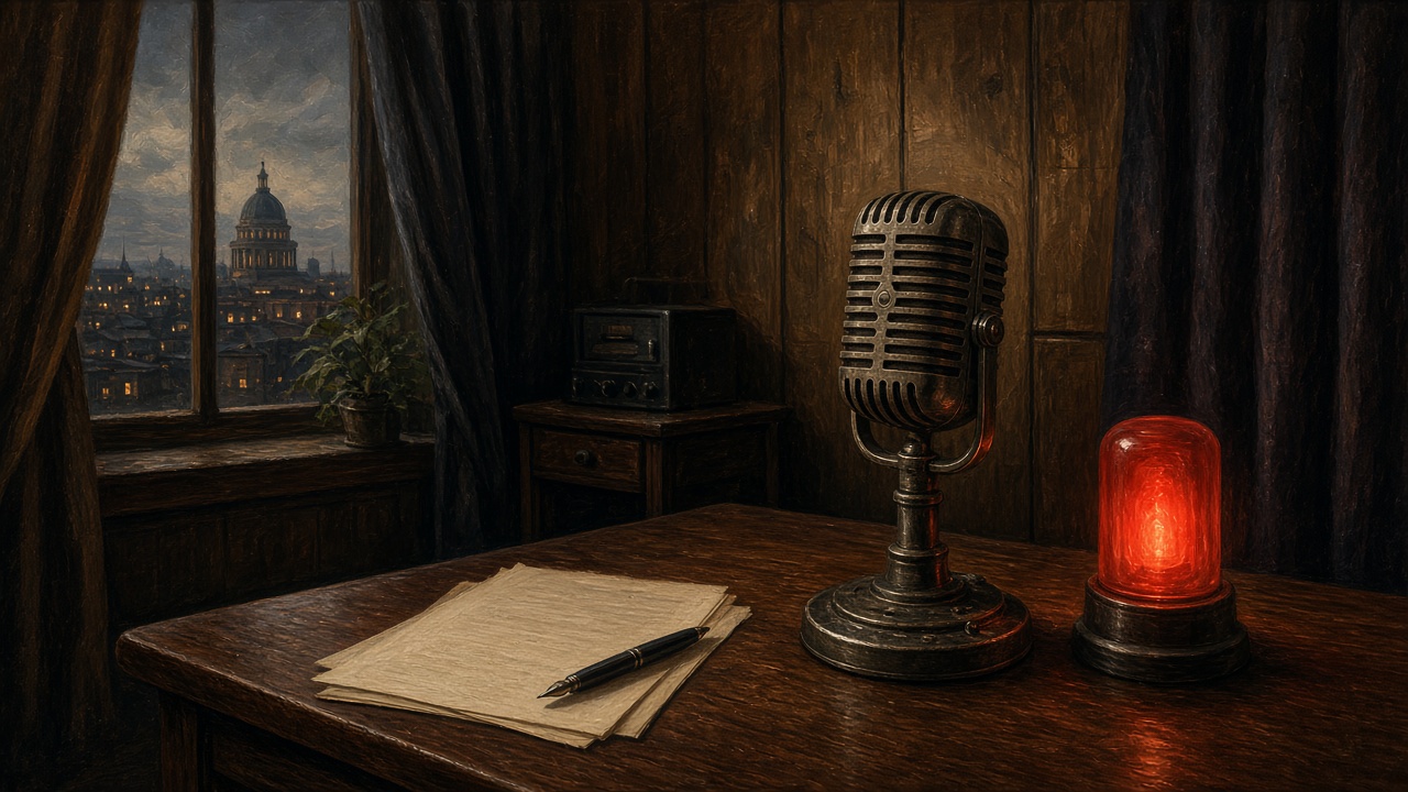 Un microphone ancien dans un studio de radio de 1941 éclairé par une lampe