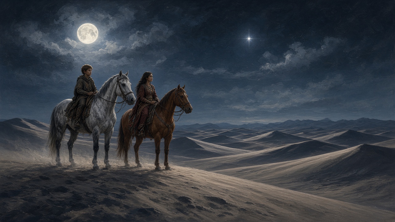 Deux chevaux et deux enfants dans les dunes au clair de lune