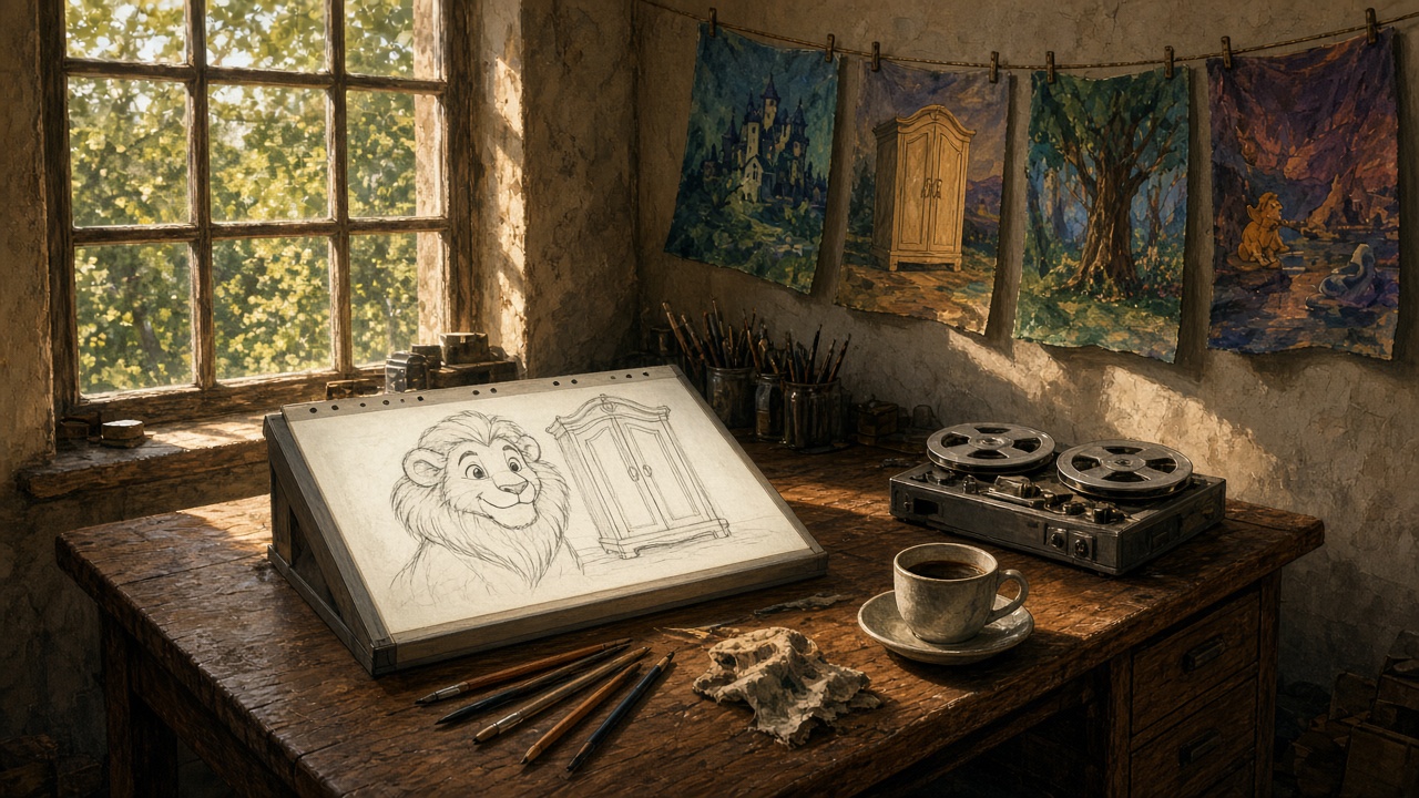Une table d'animateur des années 1970 couverte de dessins d'un lion et d'une armoire