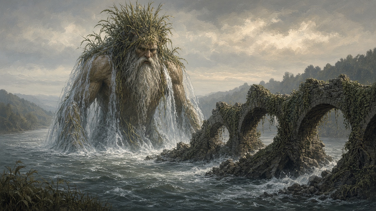 Un dieu barbu sort de la rivière