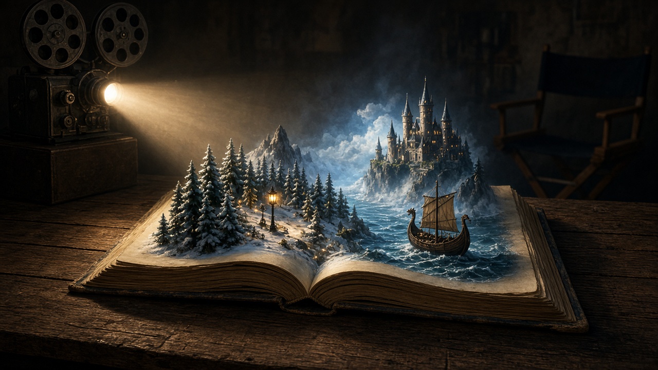 Un livre ouvert d'où s'élève un paysage comme sur un plateau de cinéma