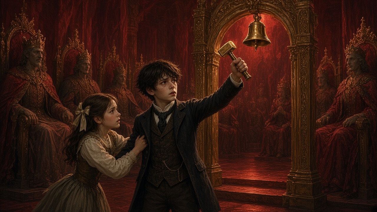 Digory s'apprête à frapper une cloche d'or avec un marteau