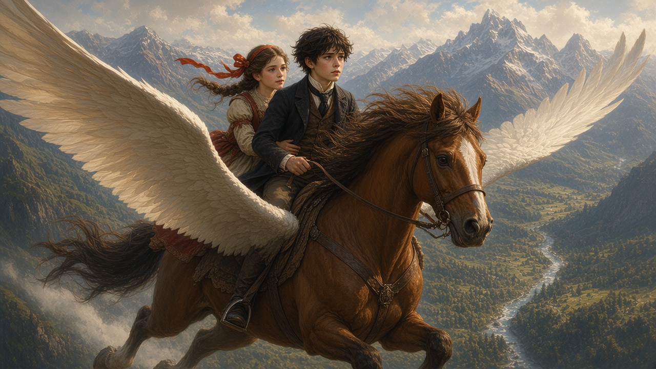 Digory et Polly volent sur un cheval ailé