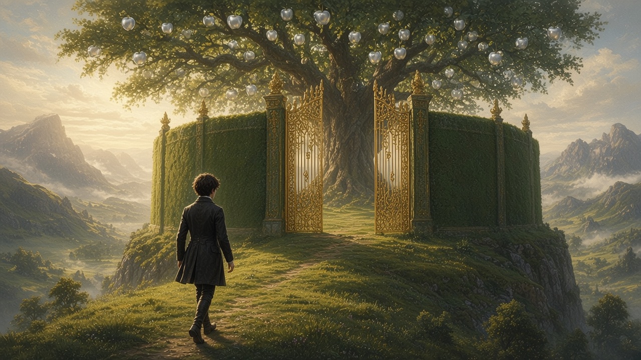 Digory devant le portail d'or d'un jardin clos