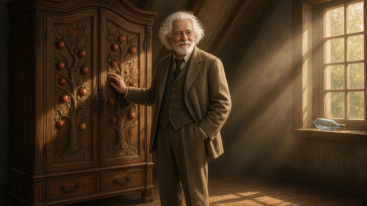 Le professeur pose la main sur l'armoire sculptée