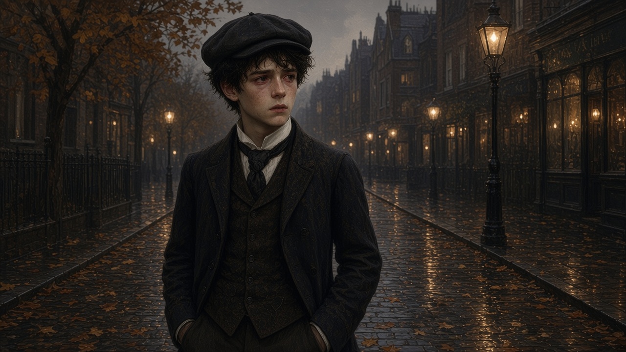 Digory, garçon, marche dans Londres sous la pluie