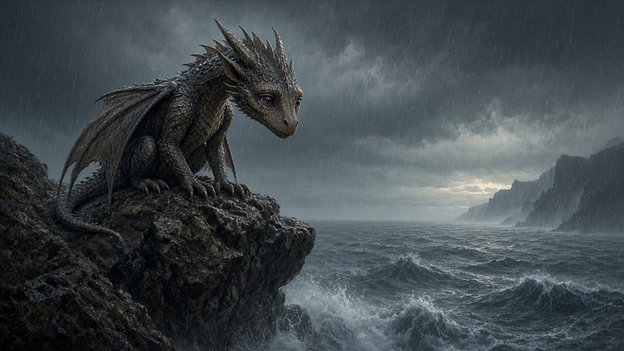 Un dragon sur un rocher, sous la pluie