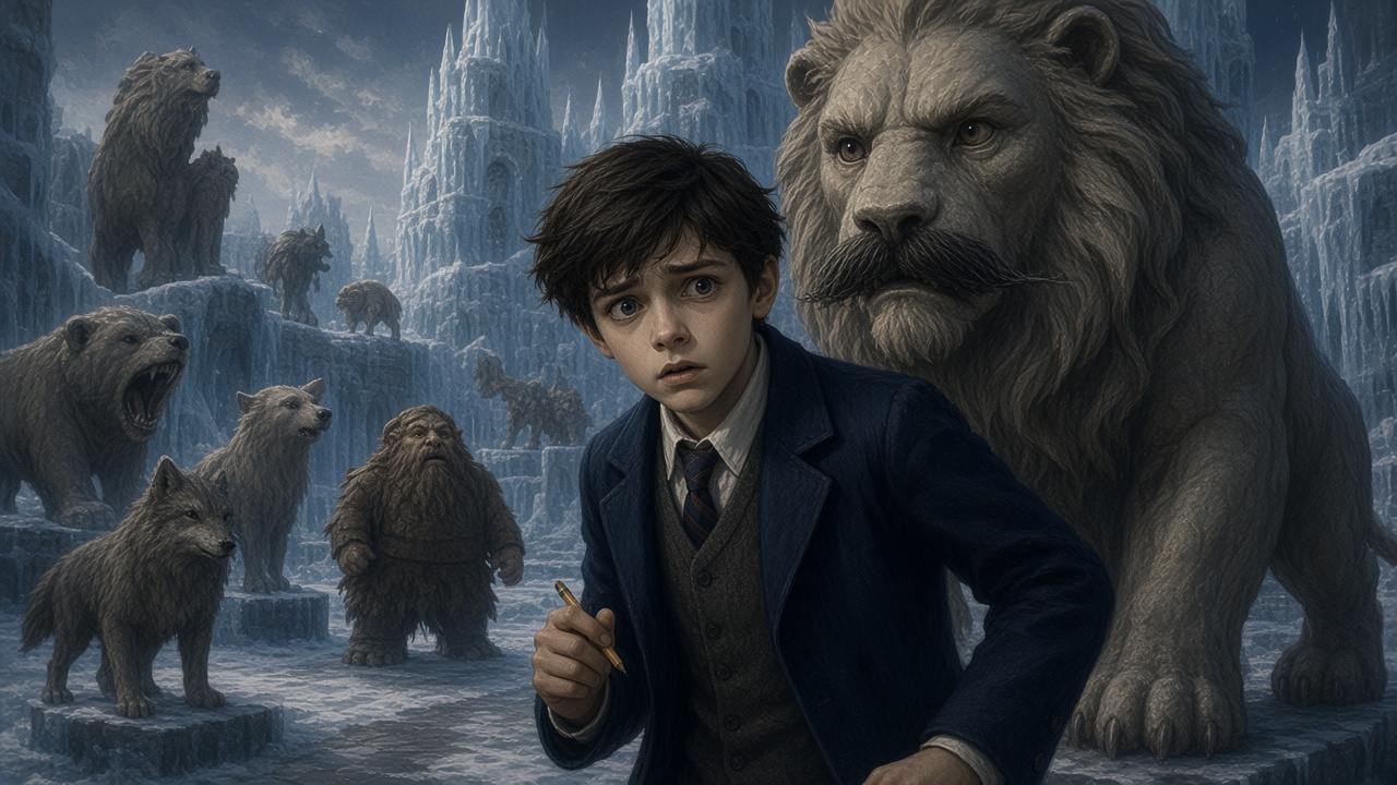 Edmund dans une cour remplie de statues d'animaux et de créatures