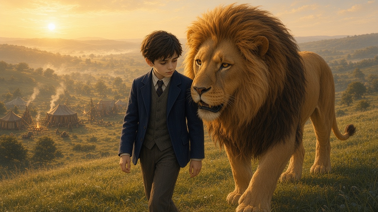 Edmund et Aslan seuls sur l'herbe au matin