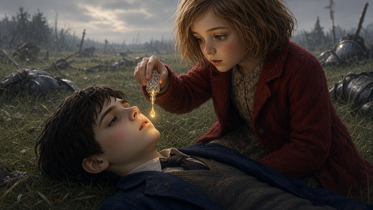 Lucy verse une goutte de cordial sur les lèvres d'Edmund blessé