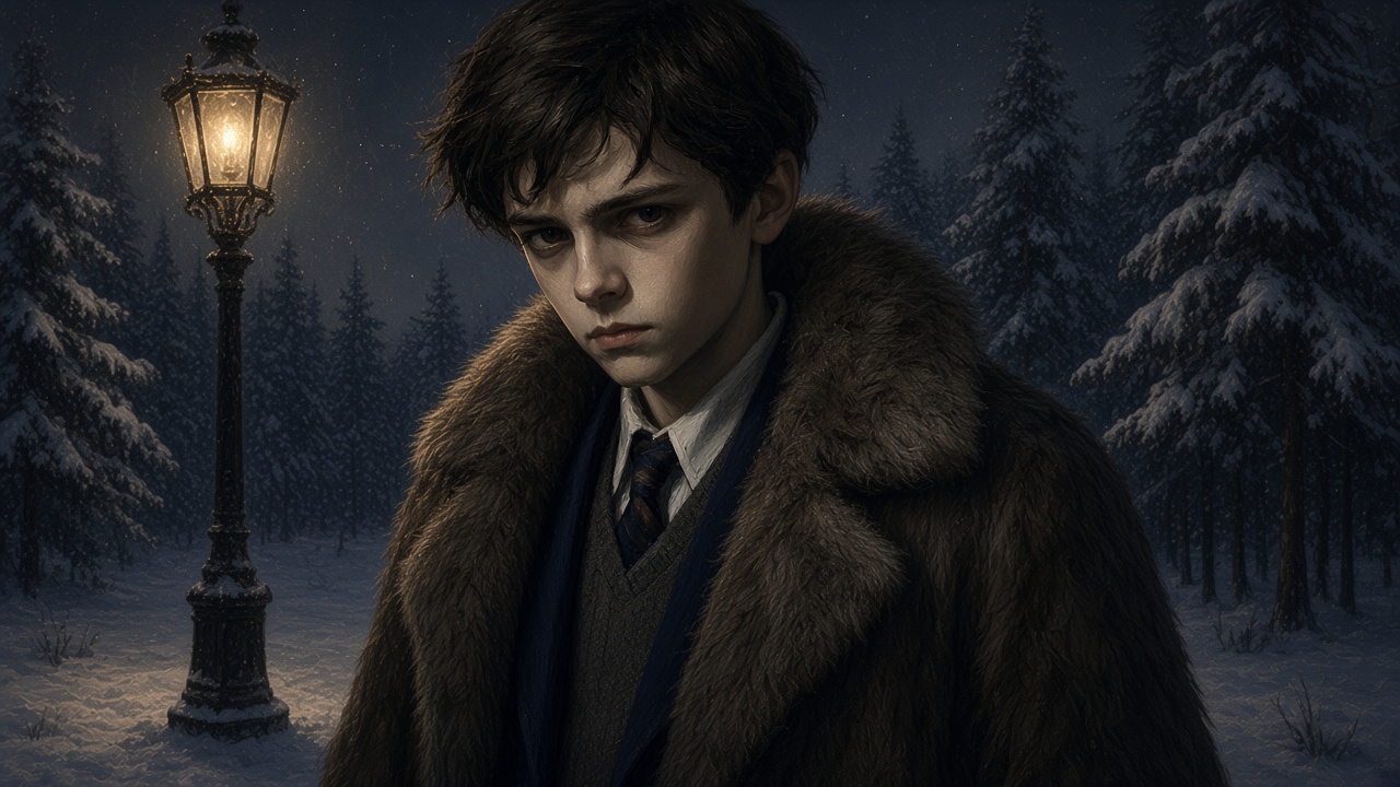 Edmund enfant fixe le réverbère dans la neige