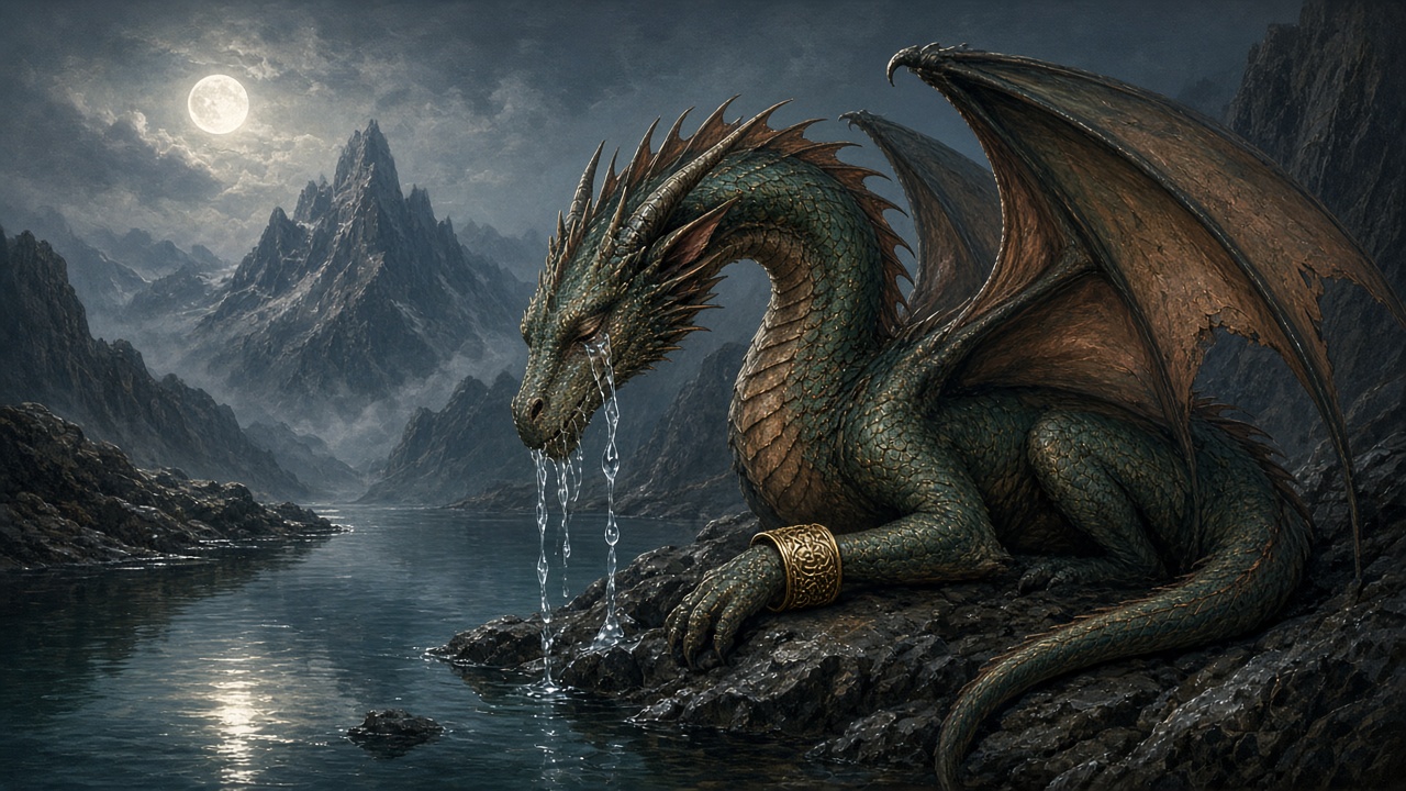 Un dragon vert-cuivre pleure au clair de lune