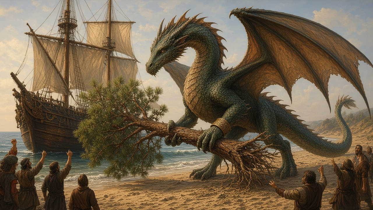 Le dragon porte un tronc d'arbre pour le navire