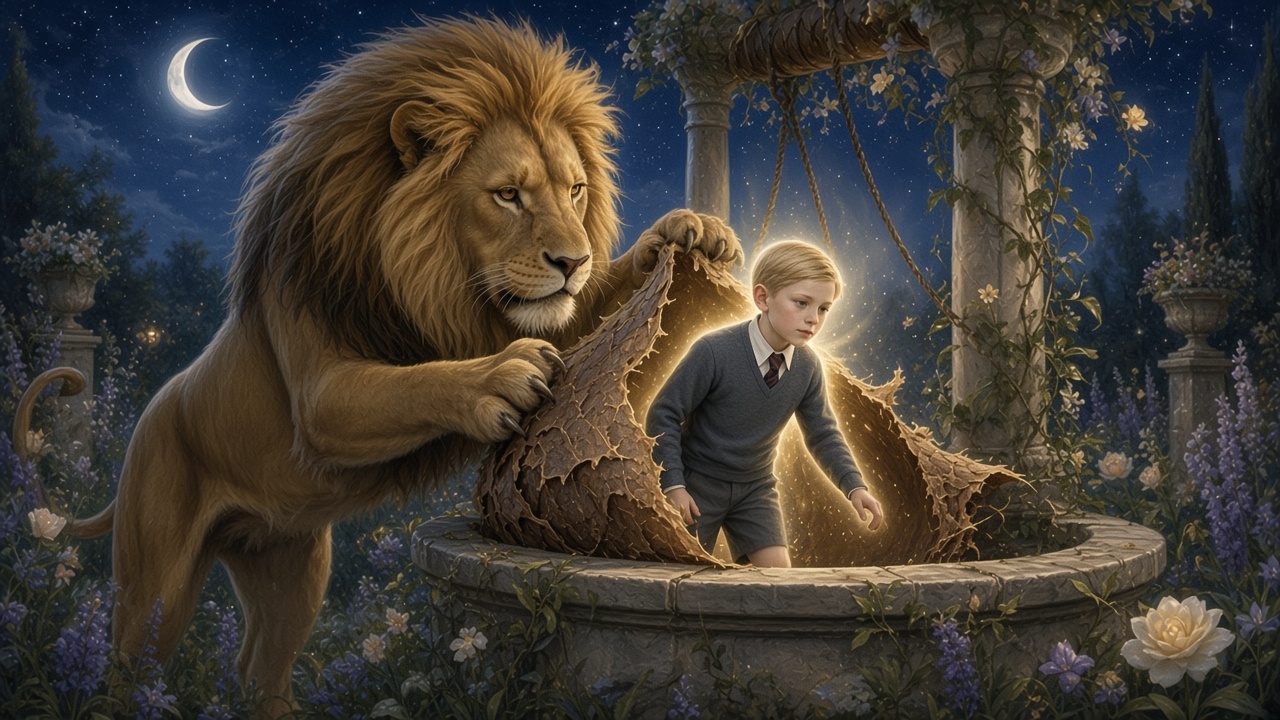 Aslan arrache la peau du dragon près d'un puits