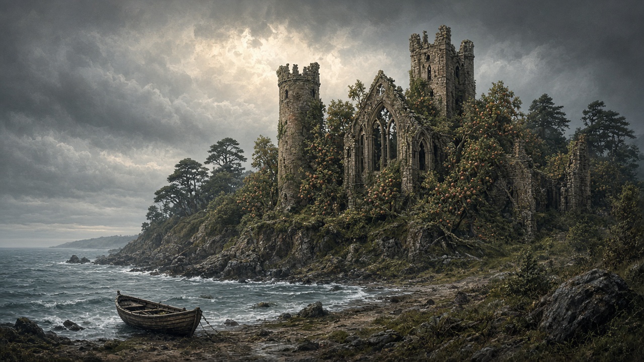 Les ruines d'un château au bord de la mer, envahies par les arbres, sous un ciel d'orage
