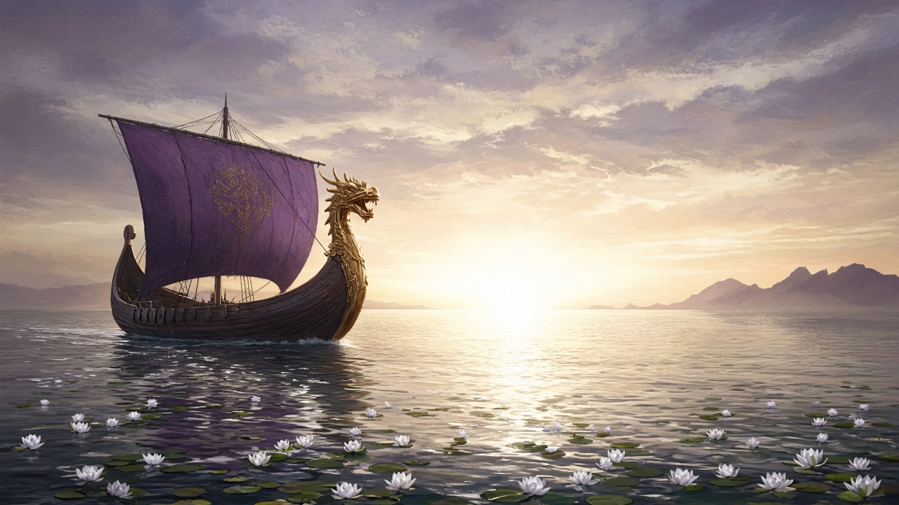 Un navire à proue de dragon voguant vers une aube éclatante sur une mer couverte de lys