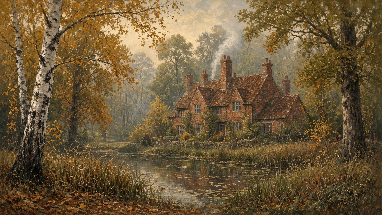 Une maison de brique au milieu des bois, au bord d'un étang, en automne