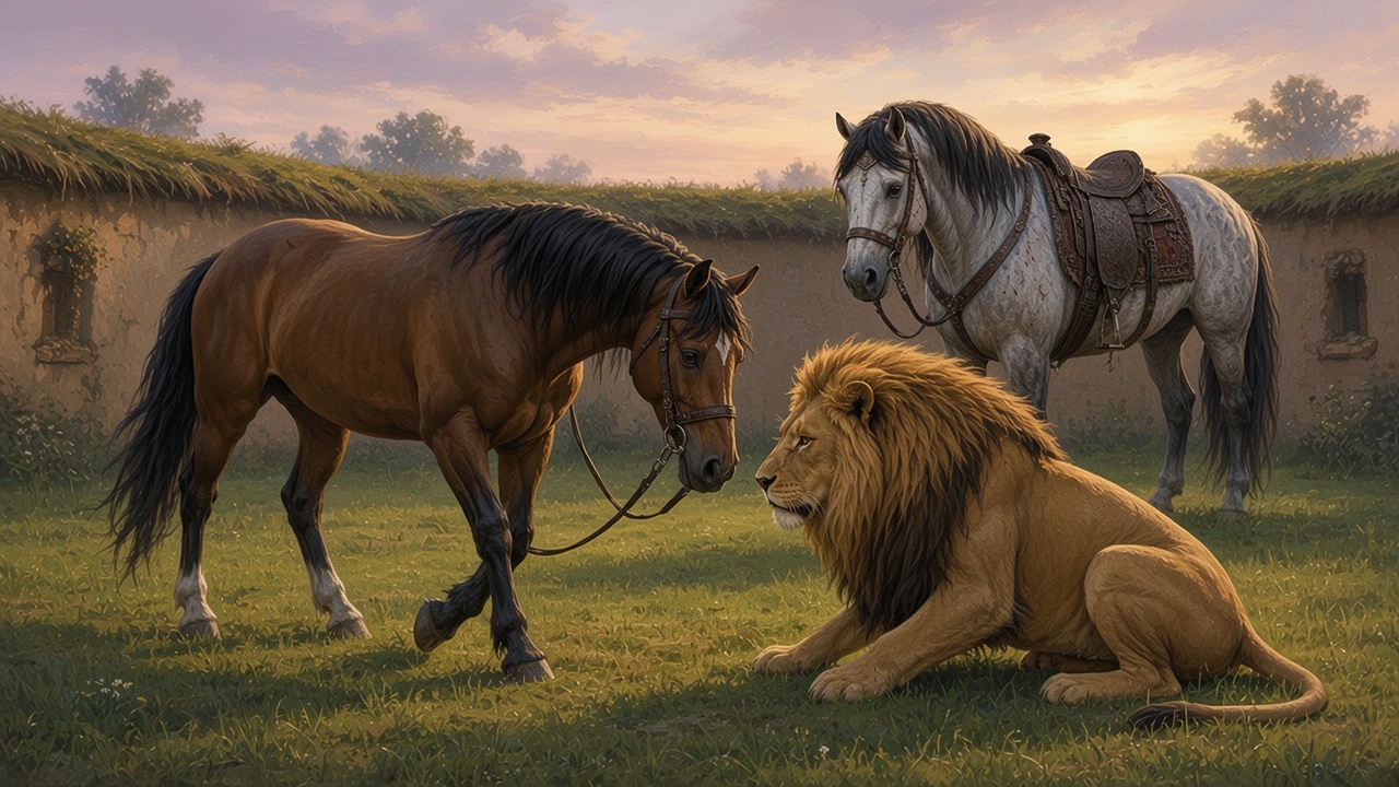 La jument avance, tremblante, vers le grand lion