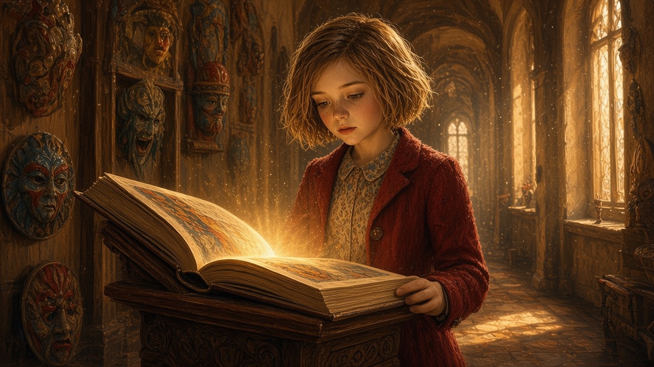 Lucy lit le livre du magicien dans un long couloir