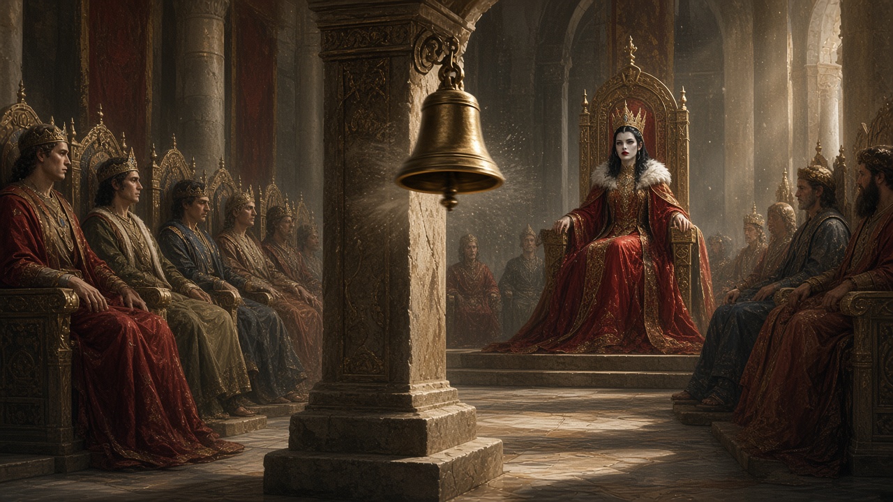 Jadis assise, figée parmi des statues de rois et reines