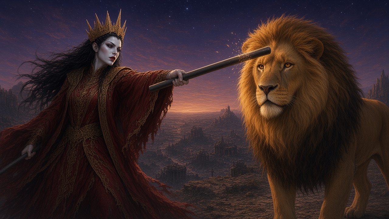 Jadis lance une barre de fer vers un lion dans un monde naissant